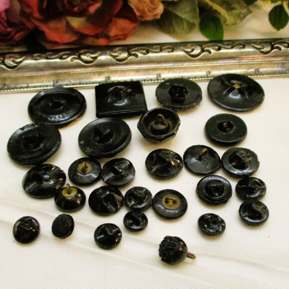 Antique FRENCH JET Black Glass Buttons: VICTORIAN Edwardian Sewing Craft - Picture 11 of 11